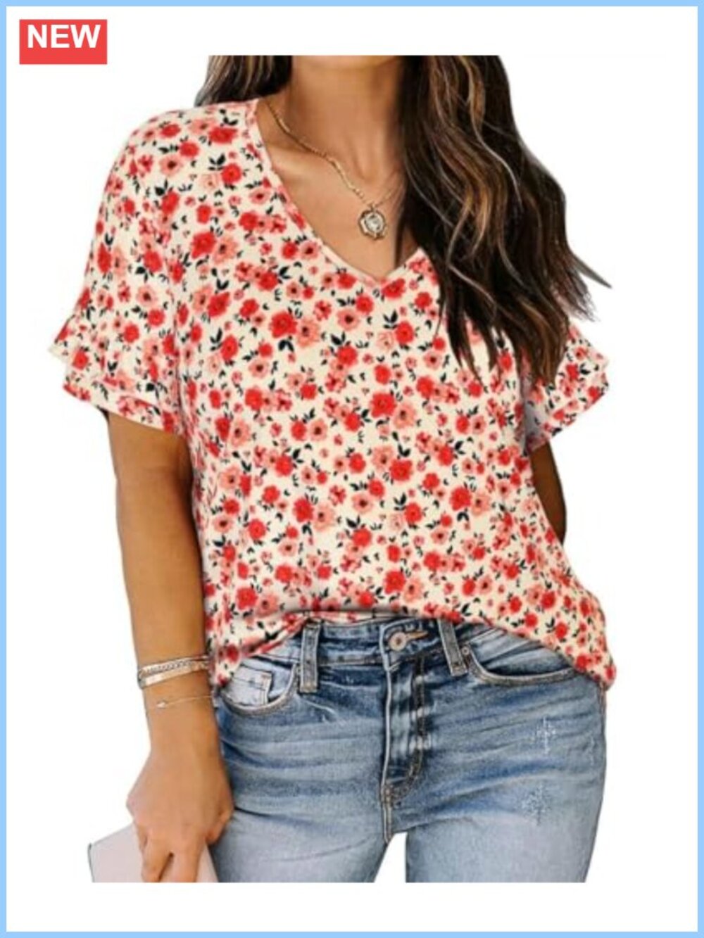 Plus Size Ruffle Sleeve V Neck Tunic Top Short Sleeve Casual Blouse